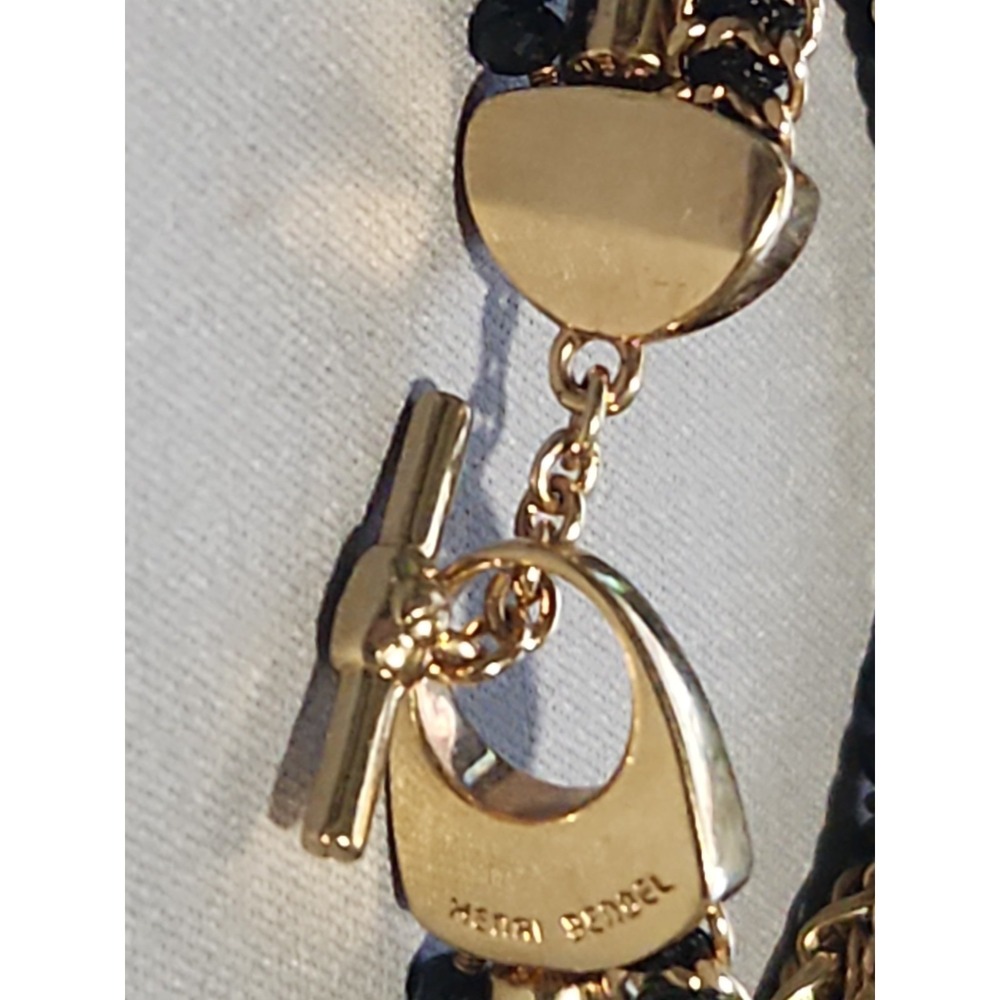 Henri Bendel Multi Strand Black Bead Gold Tone Chain Tassel Charm Bracelet - Picture 9 of 11